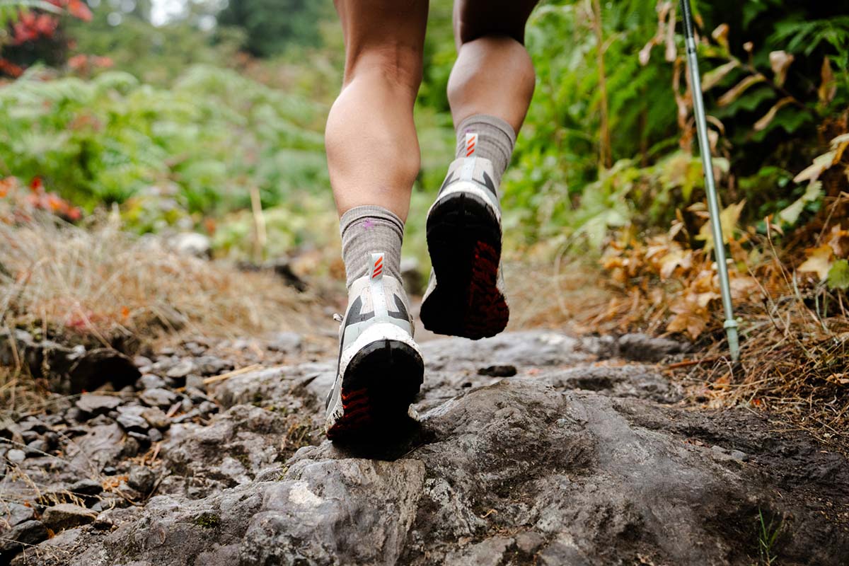 Adidas Terrex Free Hiker 2 Low GTX (stepping up rocks on trail)